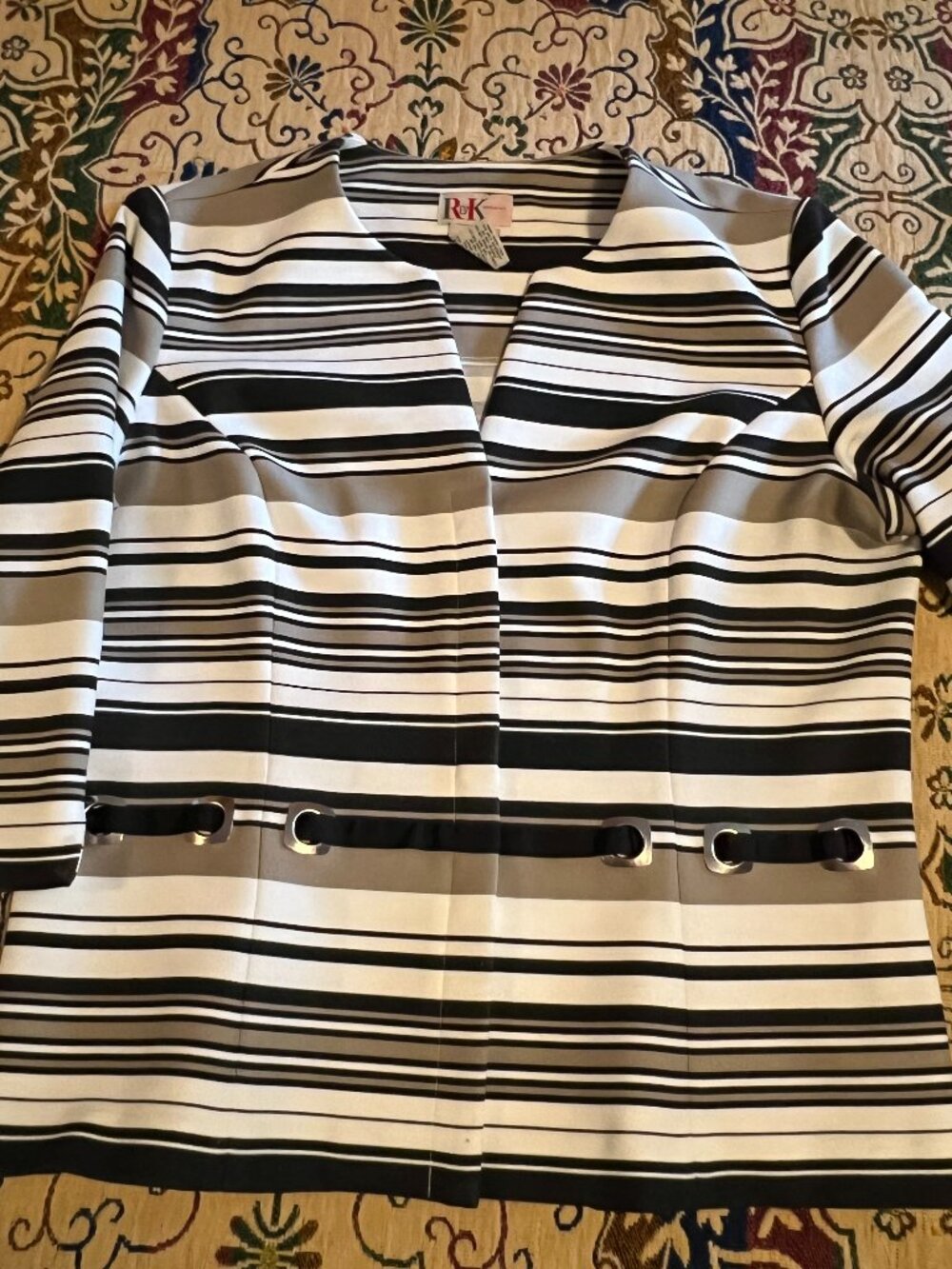 R & K Originals White with Stripe Dress Jacket, Attached Faux Belt Size 16